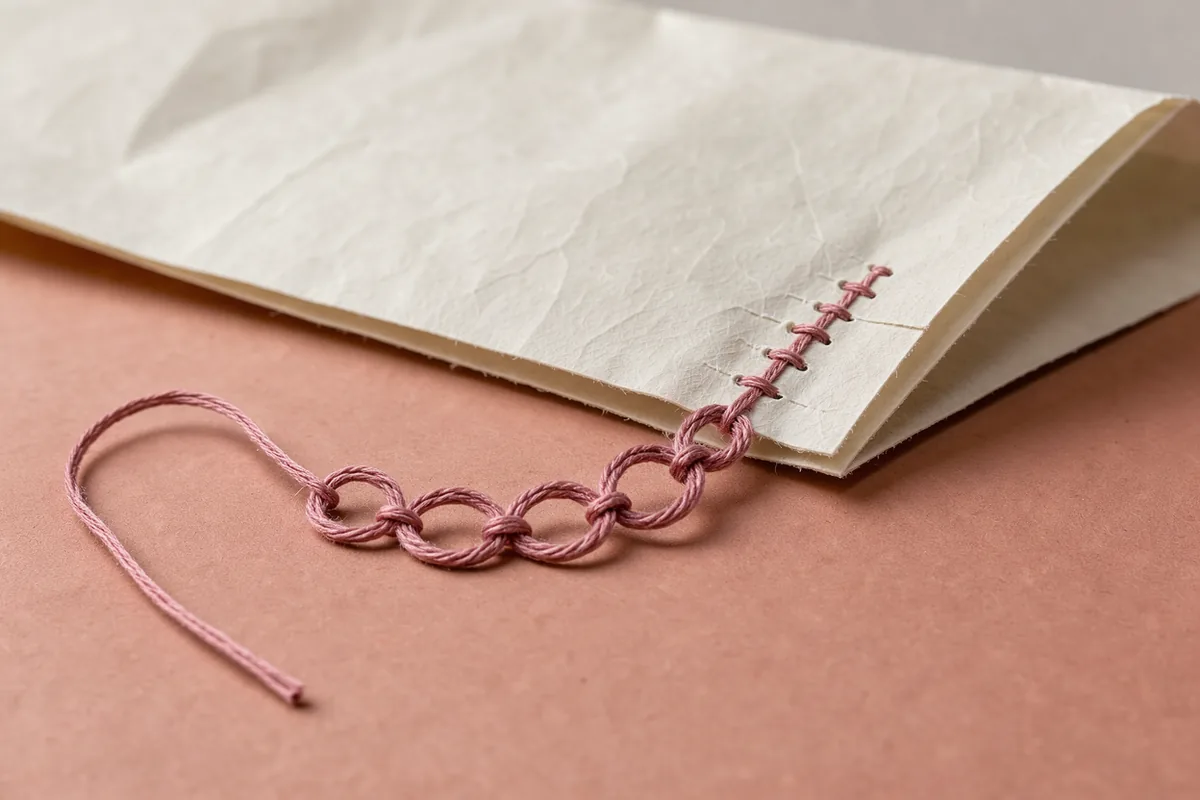 A small rose thread chain stitched onto a much larger folded paper form