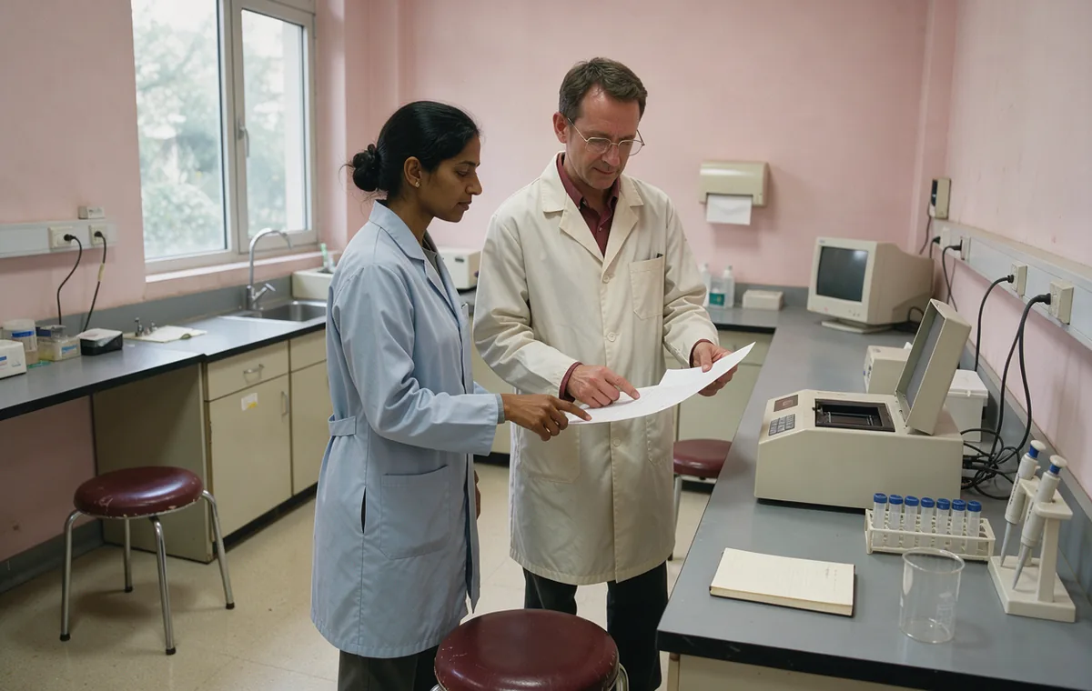 Two laboratory workers discussing papers beside a sample analyser