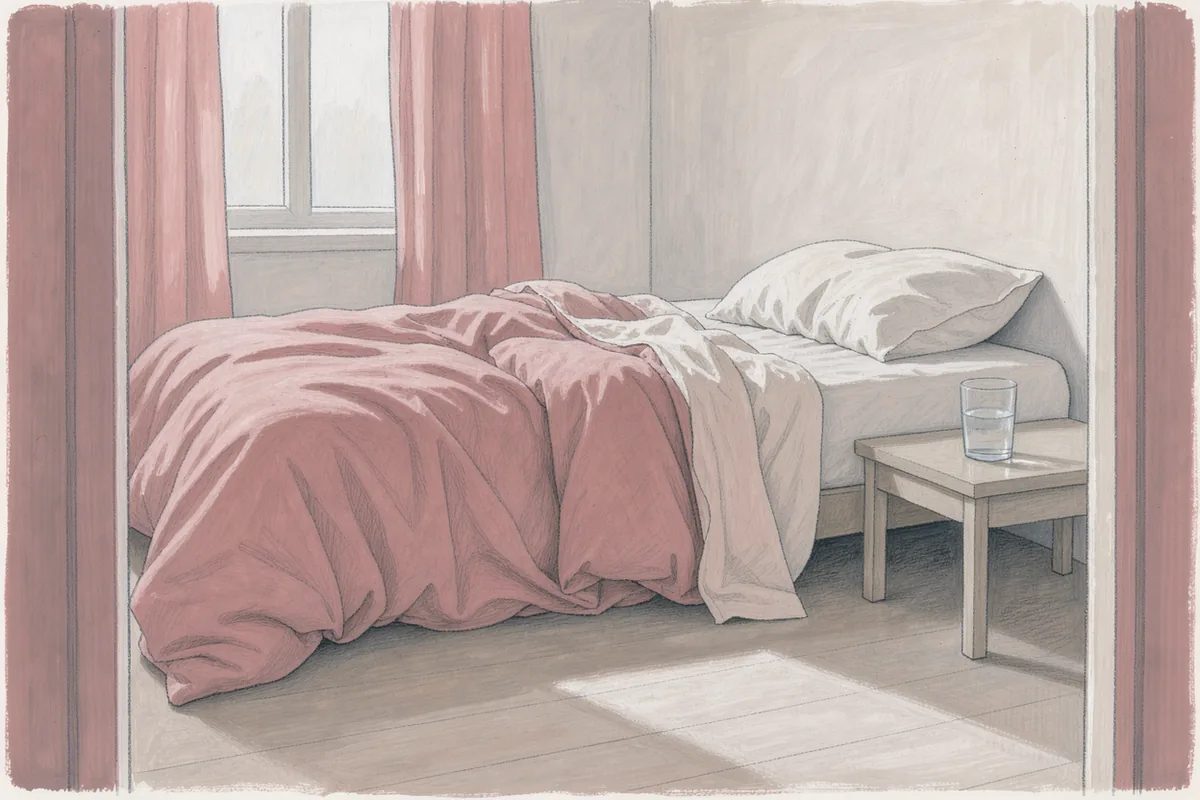 An unmade bed with rose bedding beside a bright morning window