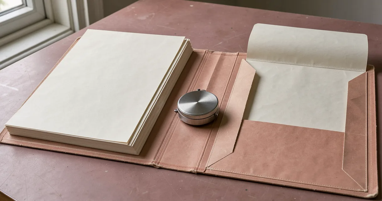 An open rose research folder with stacked papers and an empty pocket